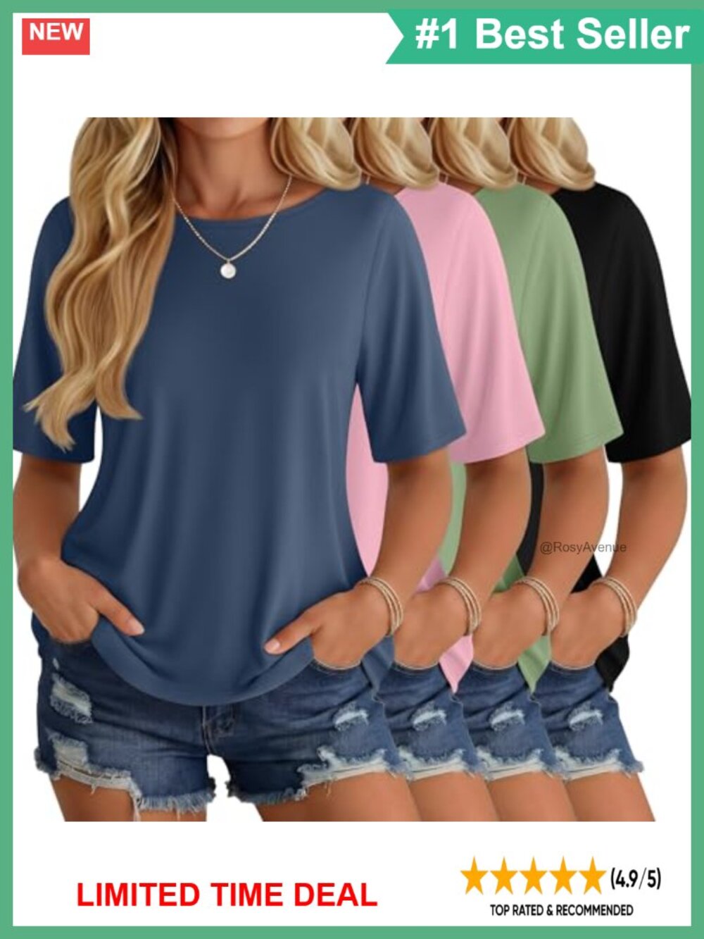 4 Pack Women's Half Sleeve Crew Neck T-Shirts Loose Fit Casual Summer Tops